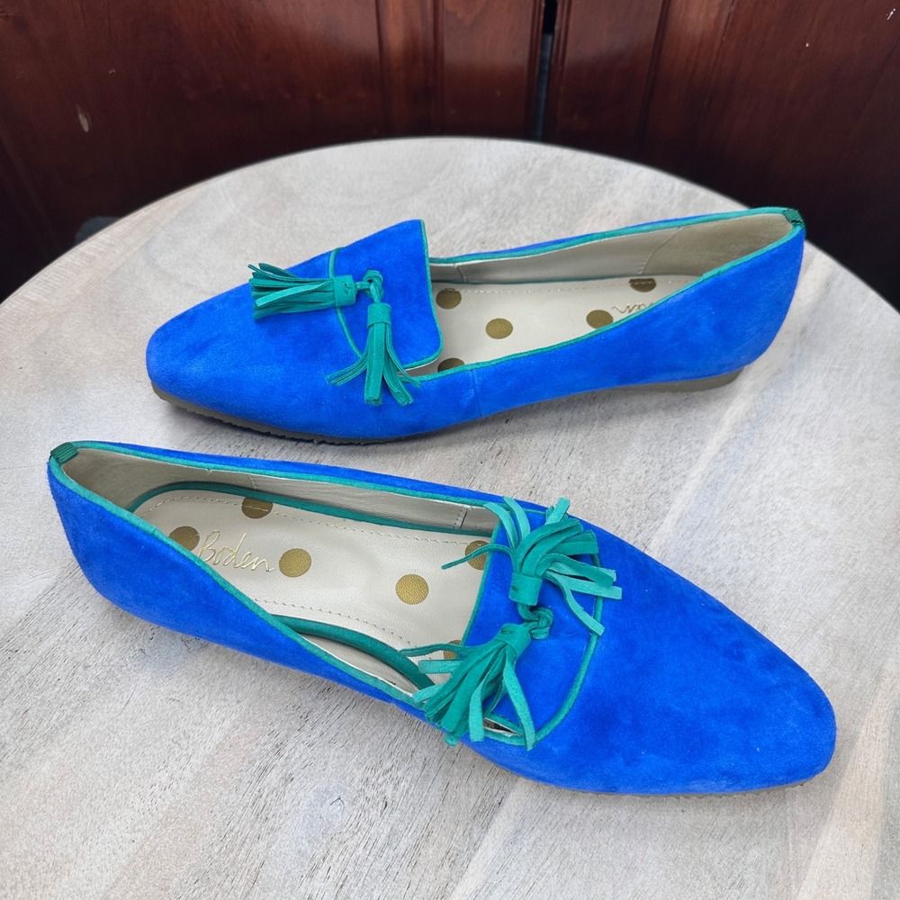 Boden Blue Suede Tassel Loafers Green Trim Pointed Toe Flats Mens EU 39 - Picture 8 of 12